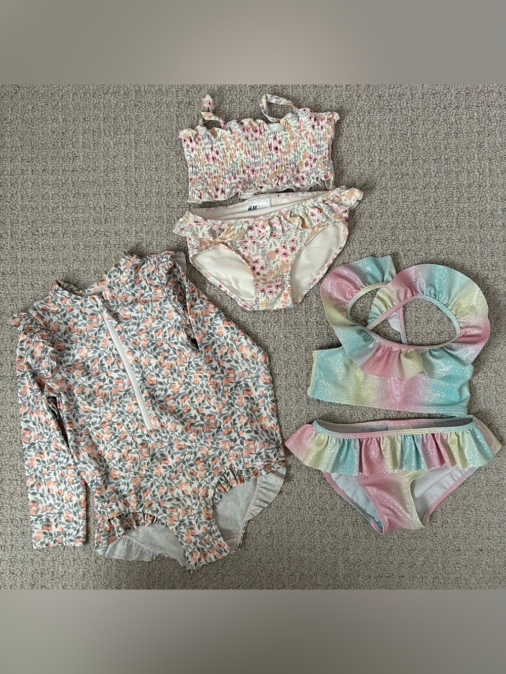 H&M Set 3 Girls Swimsuits Rashguard Rainbow Sparkle Ruffle Floral Sz 2-4T 3/4